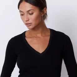 MONROW Textured Tri-Blend Fitted Long Sleeve V Neck Tee BLACK Store