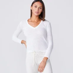 MONROW Textured Tri-Blend Fitted Long Sleeve V Neck Tee WHITE Cheap