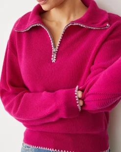 MONROW Wool Cashmere Half Zip Sweater FUCHSIA New