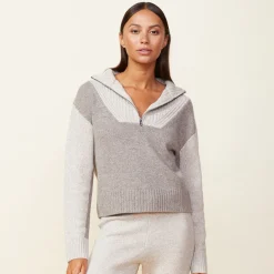 MONROW Wool Cashmere Marled Colorblock Half Zip Sweater GRANOLA/OATMEAL Shop