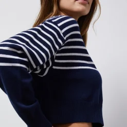 MONROW Wool Cashmere Stripe Crew Neck Sweater NAVY/IVORY Online