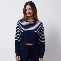 MONROW Wool Cashmere Stripe Crew Neck Sweater NAVY/IVORY Online