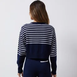MONROW Wool Cashmere Stripe Crew Neck Sweater NAVY/IVORY Online